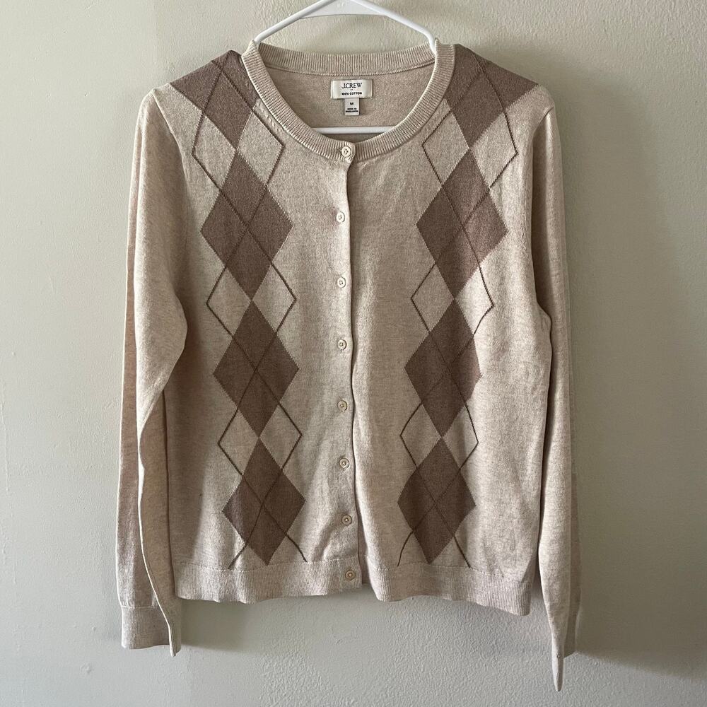 J. Crew Factory Cotton Argyle Cardigan Sweater Womens M Oatmeal Mushroom CX138